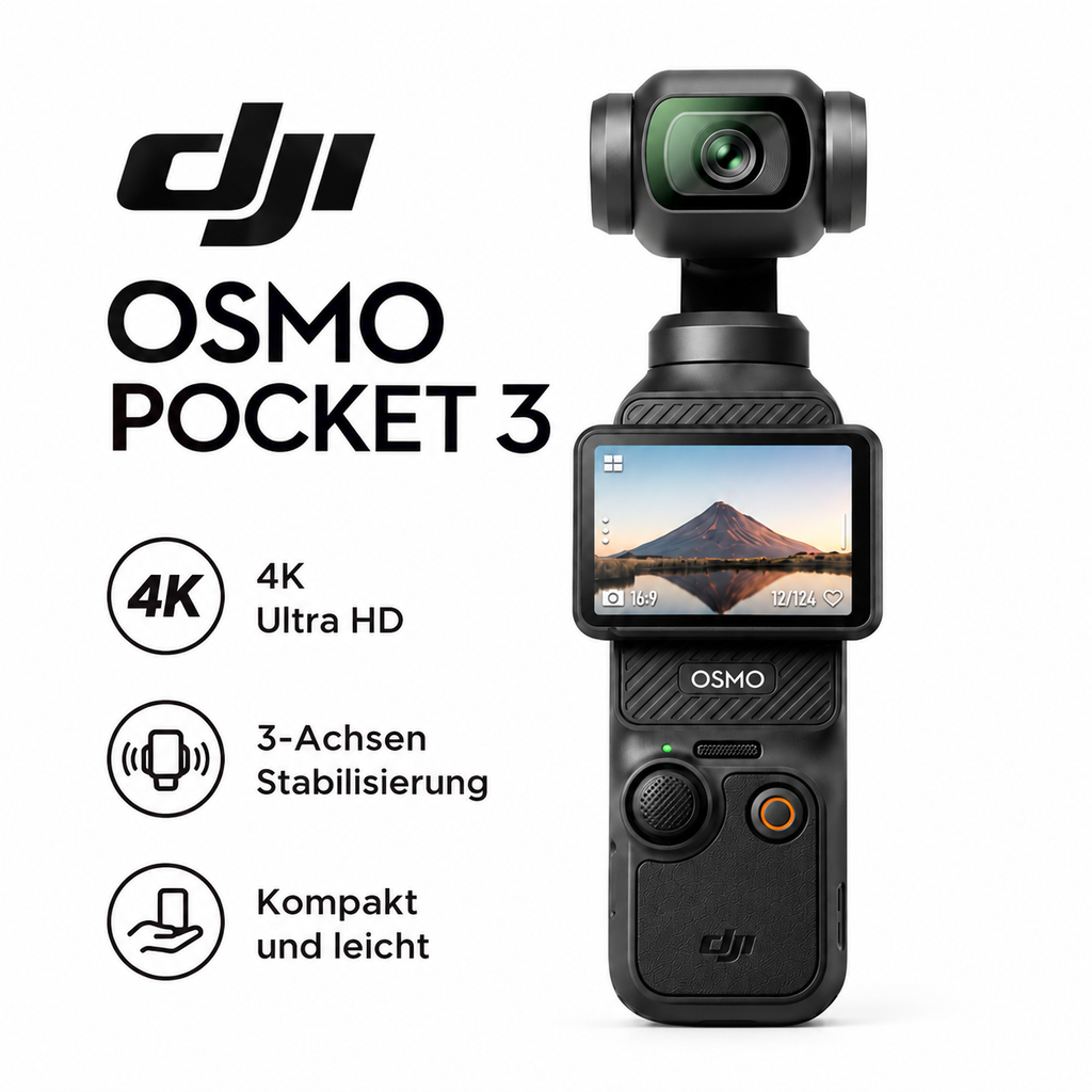 DJI Osmo Pocket 3 4K Vlog Kamera – Kompakte Handkamera mit 3-Achsen-Gimbal, Videokamera für YouTube, Reisen und Content Creator
