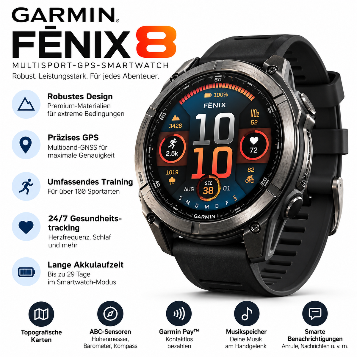 Garmin Fenix 8 Smartwatch – AMOLED, GPS, lange Akkulaufzeit & wasserdicht